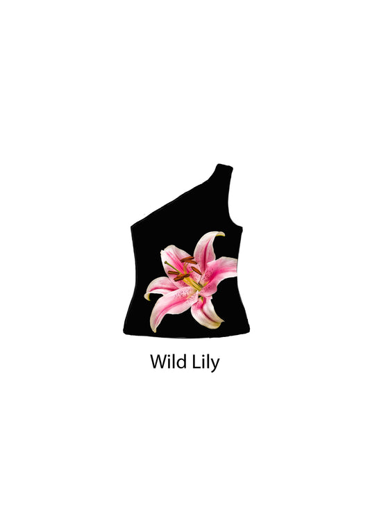 Reversible one shoulder top black (Hibisicus + Wild Lily)